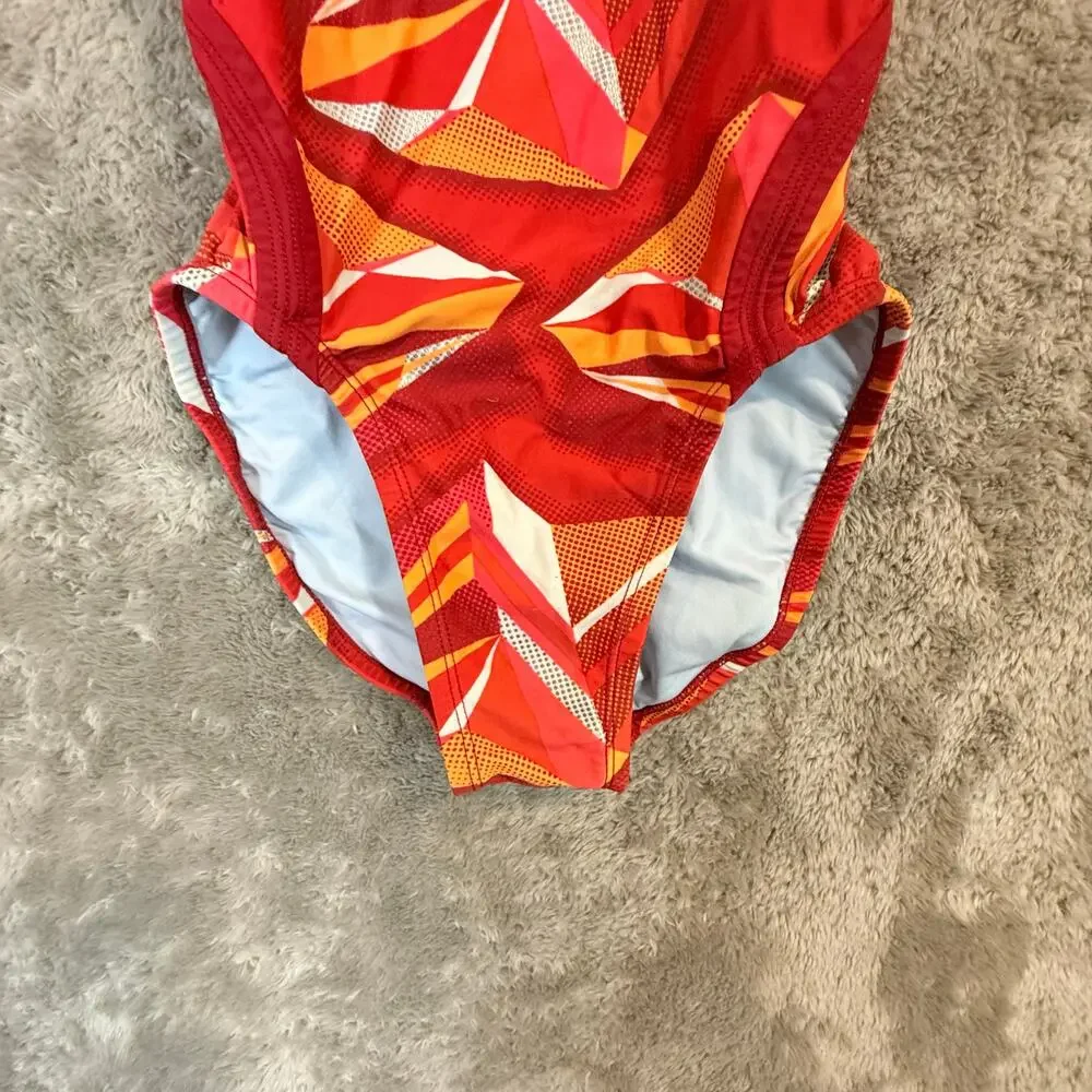 Nike Swimsuit Jagged Geo Red Orange Swimsuit One Piece Racerback 28 Girls 12